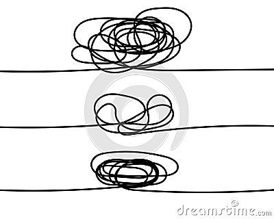 Set of symbol of complicated way with scribbled round element, chaos sign, pass the way linear arrow with clew or tangle ball in Cartoon Illustration