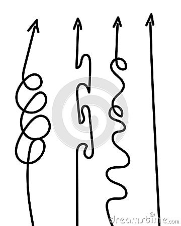 Set of symbol of complicated way with scribbled round element, chaos sign, pass the way linear arrow with clew or tangle ball in Cartoon Illustration