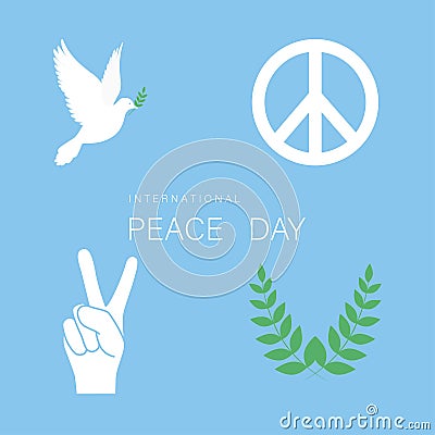 Set of symbol for International Peace Day. White dove, olive branch, hand with two finger up and peace symbol Vector Illustration