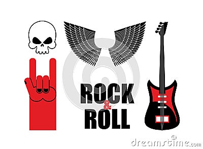 Set symbol rock music . Skull and wings, guitar and rock hand si Vector Illustration