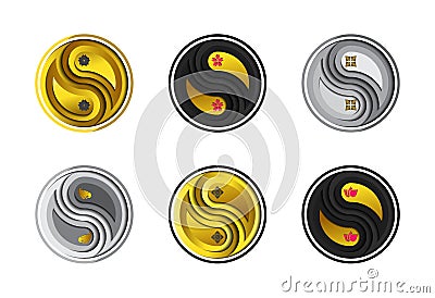 Set of symbolic flowers in Yin Yang emblem paper cut style Vector Illustration