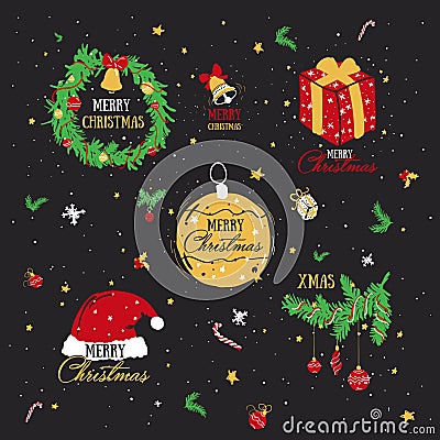 Set of symbols of Christmas and new year. Cartoon drawings. Vector Illustration