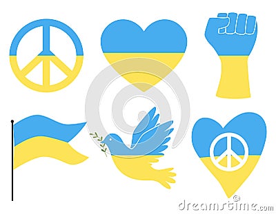 A set of symbols in the colors of the Ukrainian flag. A symbol of peace, a hand of solidarity, a flag, a heart and a Vector Illustration