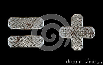 Set of symbols equals and plus made of industrial metal on black background 3d Stock Photo