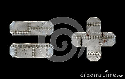 Set of symbols equals and plus made of industrial metal on black background 3d Stock Photo