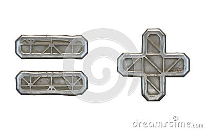 Set of symbols equals and plus made of industrial metal on white background 3d Stock Photo