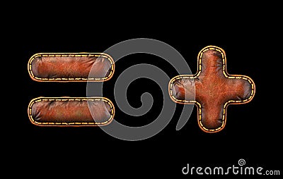 Set of symbols equals and plus made of leather. 3D render font with skin texture isolated on black background. Stock Photo