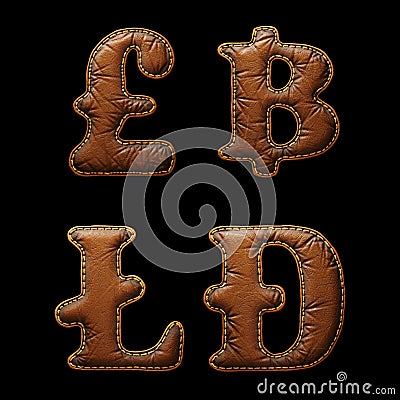 Set of symbols lira, baht, litecoin, dashcoin made of leather. 3D render font with skin texture isolated on black Stock Photo