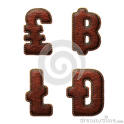 Set of symbols lira, baht, litecoin, dashcoin made of leather. 3D render font with skin texture isolated on white Stock Photo