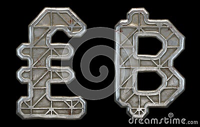 Set of symbols lira and baht made of industrial metal on black background 3d Stock Photo