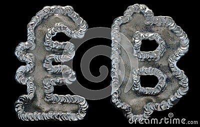 Set of symbols lira and baht made of industrial metal on black background 3d Stock Photo