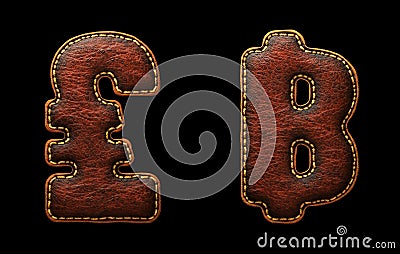 Set of symbols lira and baht made of leather. 3D render font with skin texture isolated on black background. Stock Photo