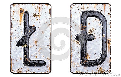 Set of symbols litecoin and dashcoin made of forged metal on the background fragment of a metal surface with cracked Stock Photo