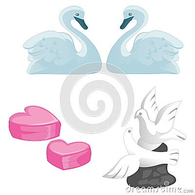 A set of symbols of love, marriage and honeymooners. A pair of swans, pigeons and hearts on white background. Vector illu Stock Photo