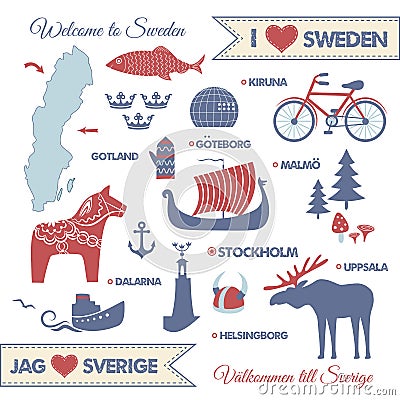 Set with symbols and map of Sweden Vector Illustration