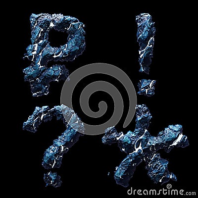 Set of symbols rouble, exclamation point, question mark, asterisk made of ice isolated on black background. 3d Stock Photo