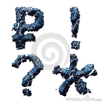 Set of symbols rouble, exclamation point, question mark, asterisk made of ice isolated on white background. 3d Stock Photo