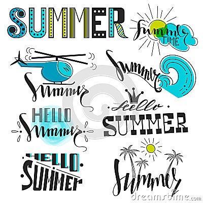 A set of symbols and summer icons. Rest, travel and inscriptions Vector Illustration