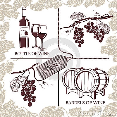 Set symbols on the theme of grapes, red wine and winemaking Vector Illustration