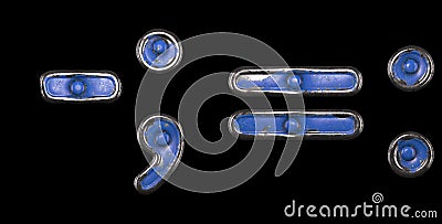 Set of symbols tilde, semi-colon, equals, colon made of painted metal with blue rivets on black background. 3d Stock Photo
