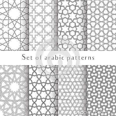 Set of symmetrical abstract vector Islamic traditional background in arabian style made of emboss geometric shapes. Vector Illustration