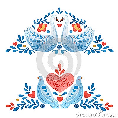 Set with symmetrical composition with doves, swans, flowers and hearts on the theme of valentines day. Cartoon Illustration