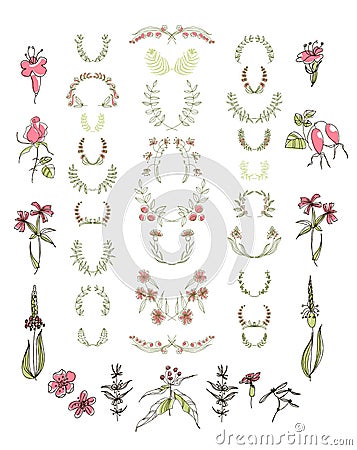 Set of symmetrical floral graphic design elements. Vector Illustration