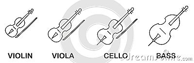 Set of symphonic string musical instruments. Set of stringed instruments with title in thin line Vector Illustration