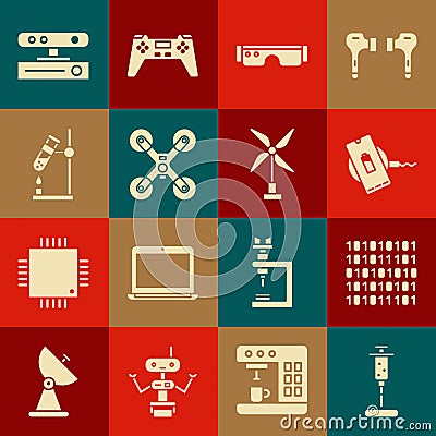 Set Syringe, Binary code, Wireless charger, Smart glasses, Drone flying, Test tube flask fire, Motion sensor and Wind Vector Illustration