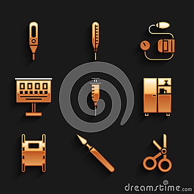 Set Syringe, Medical surgery scalpel, scissors, Medicine cabinet, Stretcher, Eye test chart, Blood pressure and digital Vector Illustration