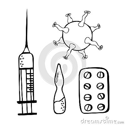 Set with syringe, virus, blister and vial Vector Illustration