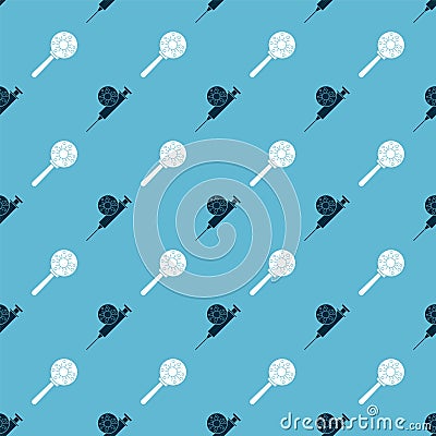 Set Syringe and virus and Virus under magnifying glass on seamless pattern. Vector Vector Illustration