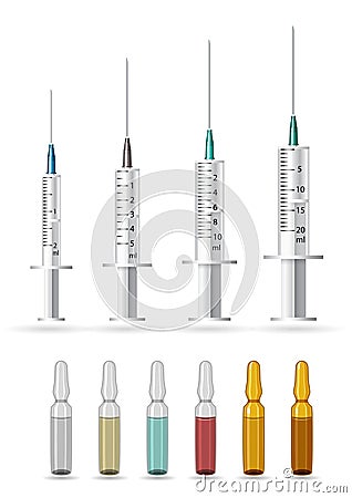 Set of syringes and ampoules. Medical and health care. Vector Cartoon Illustration