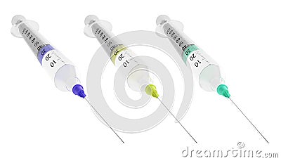 Set of Syringes with hypodermic needle isolated on white background. 3d Rendering Stock Photo