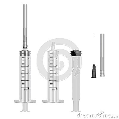 Set of Syringes 5 ml with hypodermic needles on white background, medical single use syringes assembled and disassembled, Vector Vector Illustration