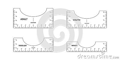 Set of t shirt alignment guides. Adult, youth, toddler, infant size templates. Rulers for centering clothing design Vector Illustration