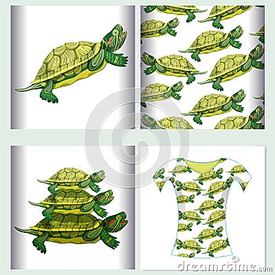 Set for t-shirt design seamless pattern Pond slider turtle green Vector Illustration