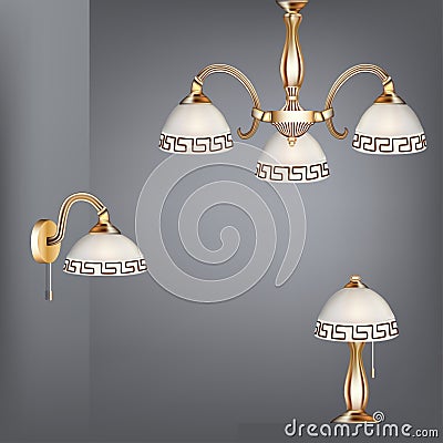 Set table lamp chandelier and sconces in antique s Vector Illustration