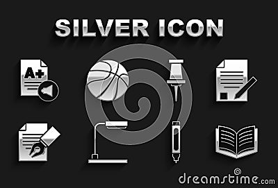 Set Table lamp, Exam sheet and pencil, Open book, Marker, Push pin, with A plus grade and Basketball ball icon. Vector Vector Illustration