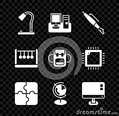 Set Table lamp, Monitor with keyboard, Fountain pen nib, Piece of puzzle, Earth globe, Computer monitor screen, Pendulum Vector Illustration
