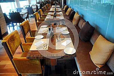 Set tables in restaurant Stock Photo