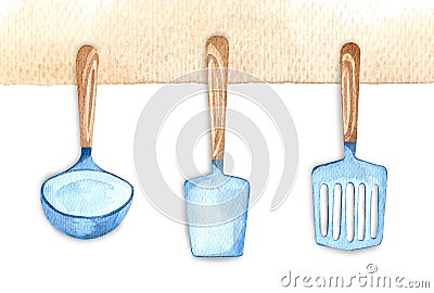 Set of tableware: ladle, kitchen spatula on the wall. Watercolor painting Stock Photo