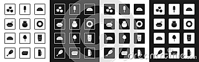 Set Taco with tortilla, Khinkali on cutting board, Rice bowl chopstick, Apple, Donut, Ice cream, Coffee cup go and icon Vector Illustration