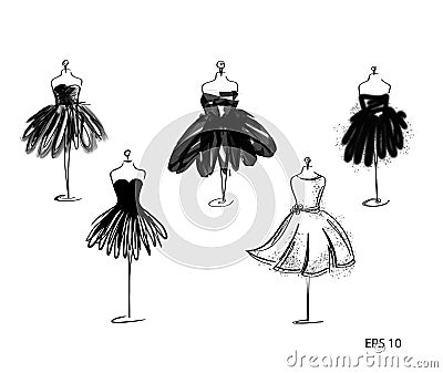 Set of Tailor dummy fashion icon on white background. Atelier, designer, constructor, dressmaker object. Black Couture symbol, sil Vector Illustration