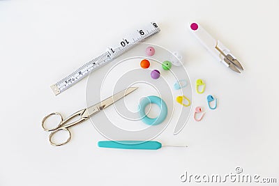 Set of tailoring tools for knitting Stock Photo