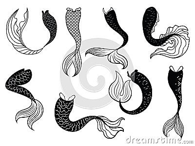 Set of tails mermaids. Collection of stylized mermaid tails for clipart. Black white vector illustration for children Vector Illustration