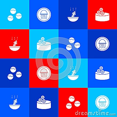 Set Takoyaki, Jellyfish on plate, Soup with octopus and Tin can caviar icon. Vector Vector Illustration