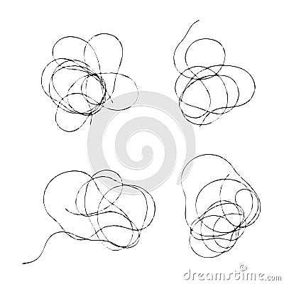 Set of tangled threads. Black line abstract scrawl sketch. Vector illustration of chaotic doodle shapes. Vector Illustration
