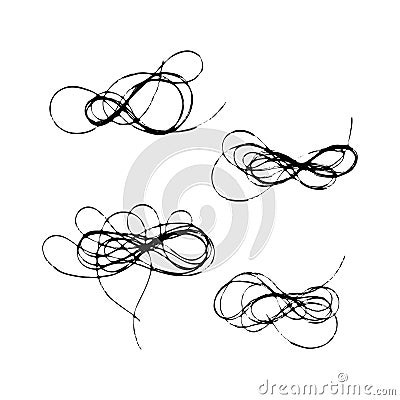 Set of tangled threads. Scribble nest, cloud. Black line abstract sketch. Vector illustration of chaotic doodle shapes. Vector Illustration