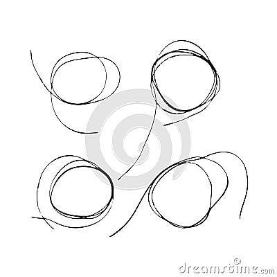 Set of tangled threads. Thread circle frames. Black line abstract scrawl sketch. Vector chaotic doodle shapes. EPS 10 Vector Illustration